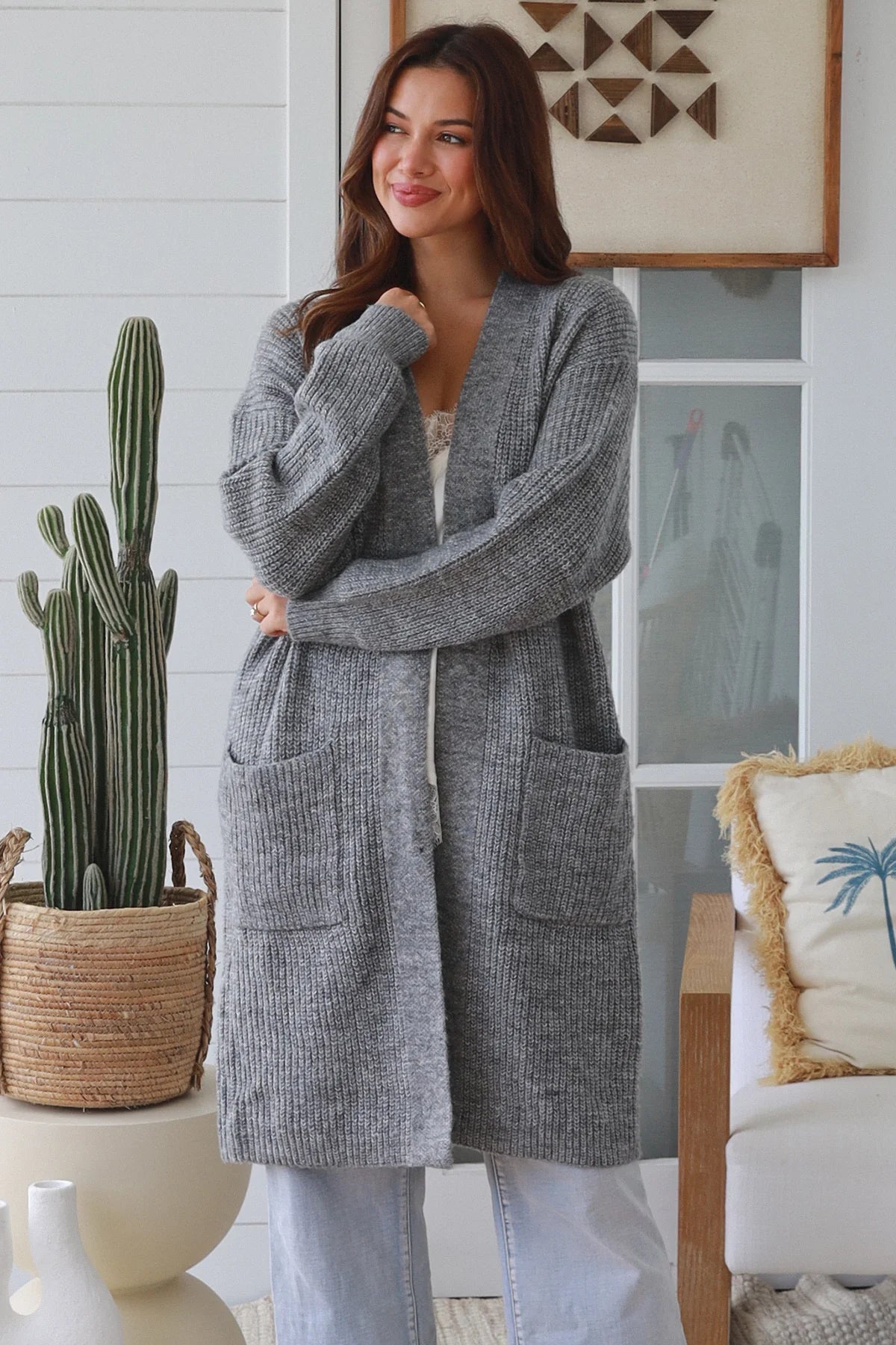 Womens grey longline cardigan Australia boho knit cardigan below knee soft wool blend Charlotte the Label