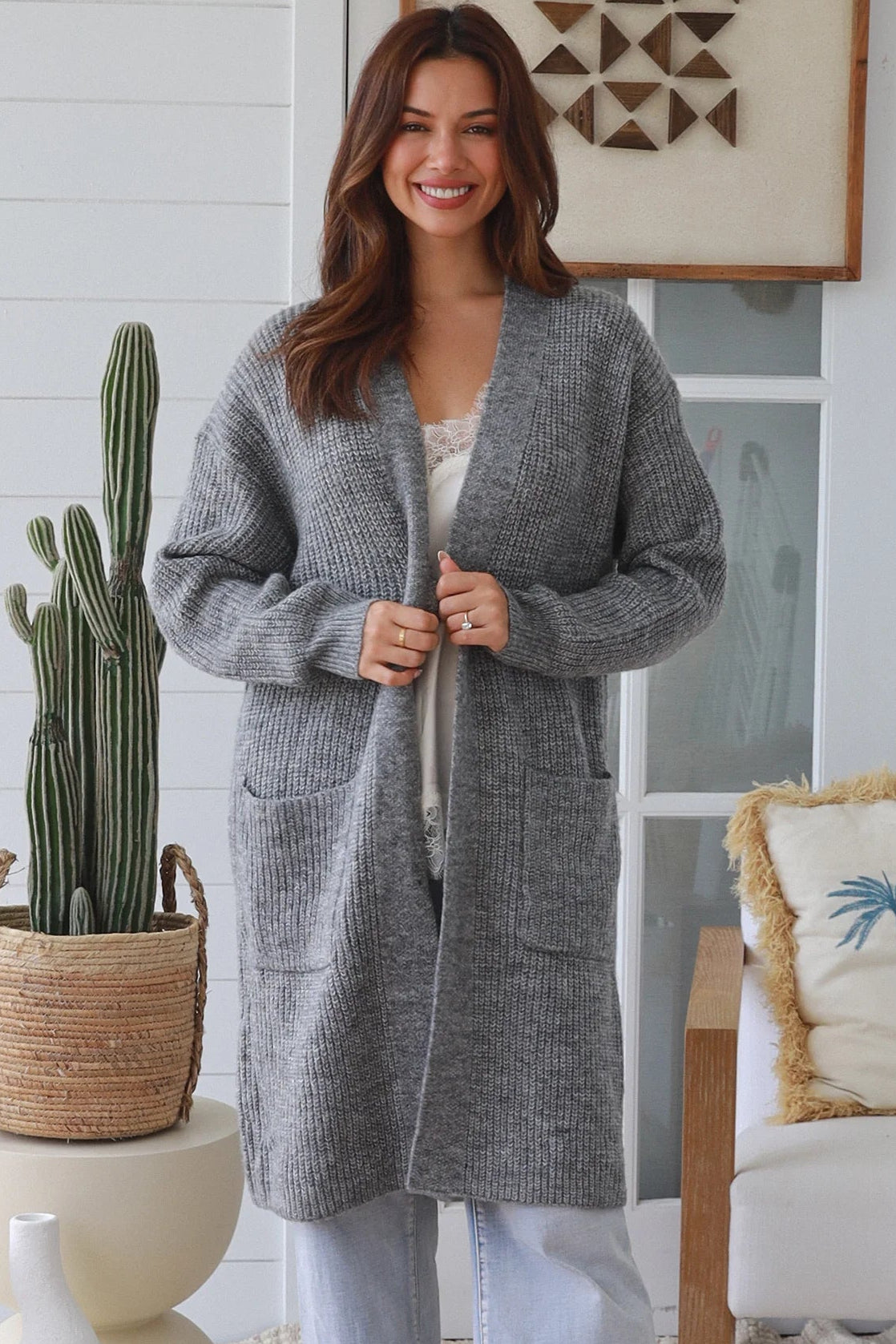 Womens grey longline cardigan Australia boho knit cardigan below knee soft wool blend Charlotte the Label