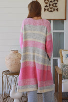 Charlotte the Label longline knit cardigan soft pink grey stripe wool blend warm boho winter layering cardigan Australia
