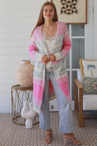 Charlotte the Label longline knit cardigan soft pink grey stripe wool blend warm boho winter layering cardigan Australia