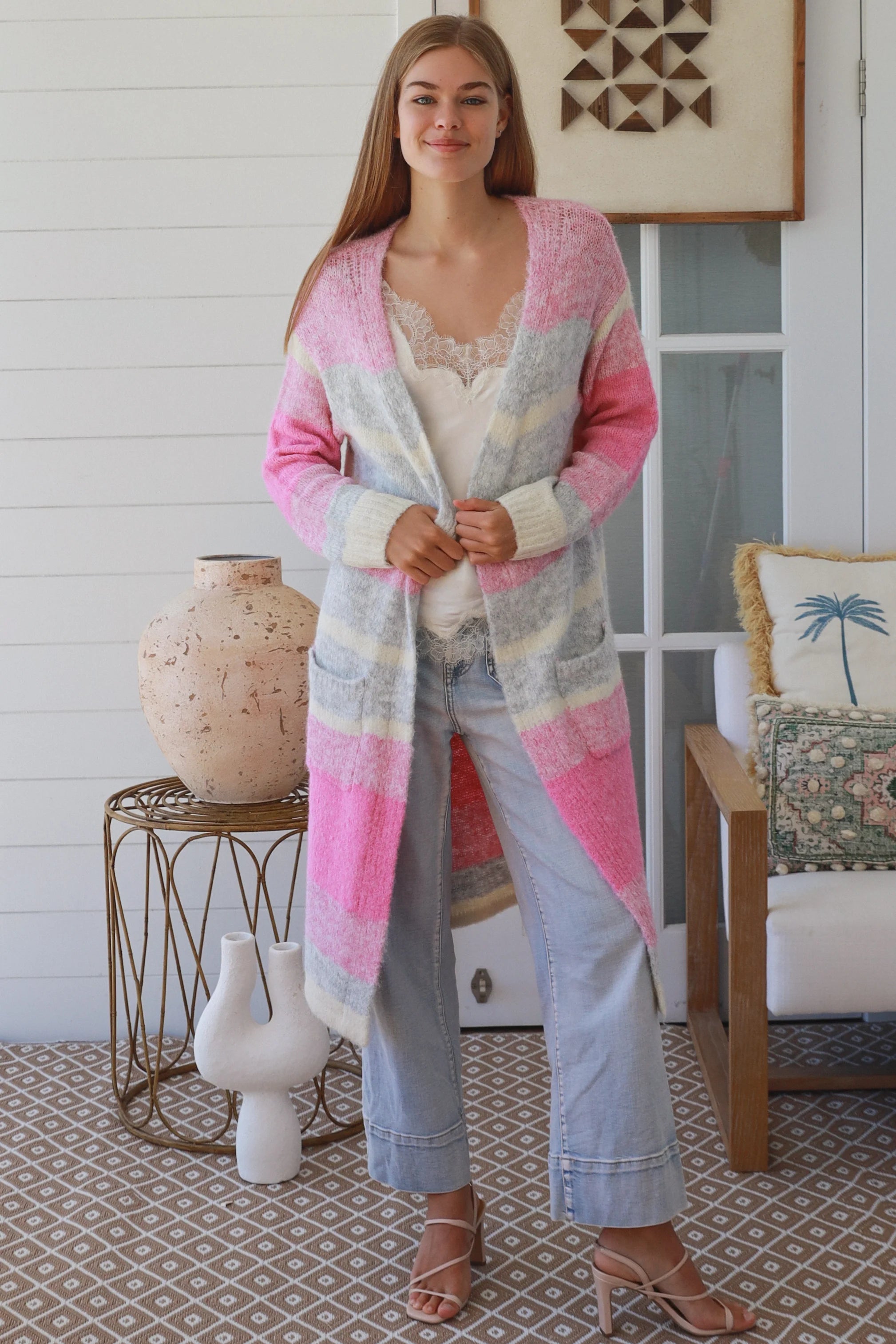 Charlotte the Label longline knit cardigan soft pink grey stripe wool blend warm boho winter layering cardigan Australia
