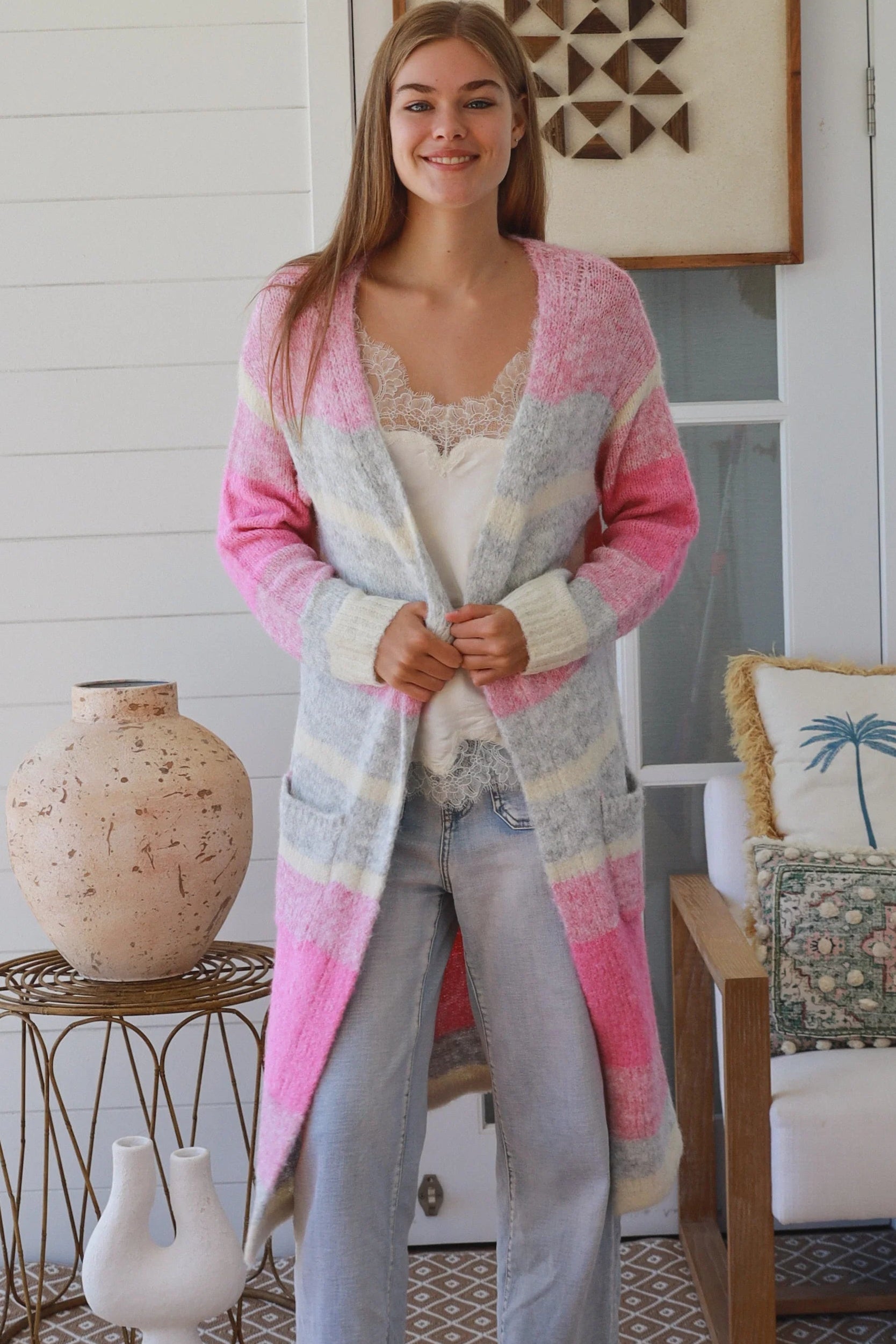 Charlotte the Label longline knit cardigan soft pink grey stripe wool blend warm boho winter layering cardigan Australia