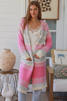 Charlotte the Label longline knit cardigan soft pink grey stripe wool blend warm boho winter layering cardigan Australia