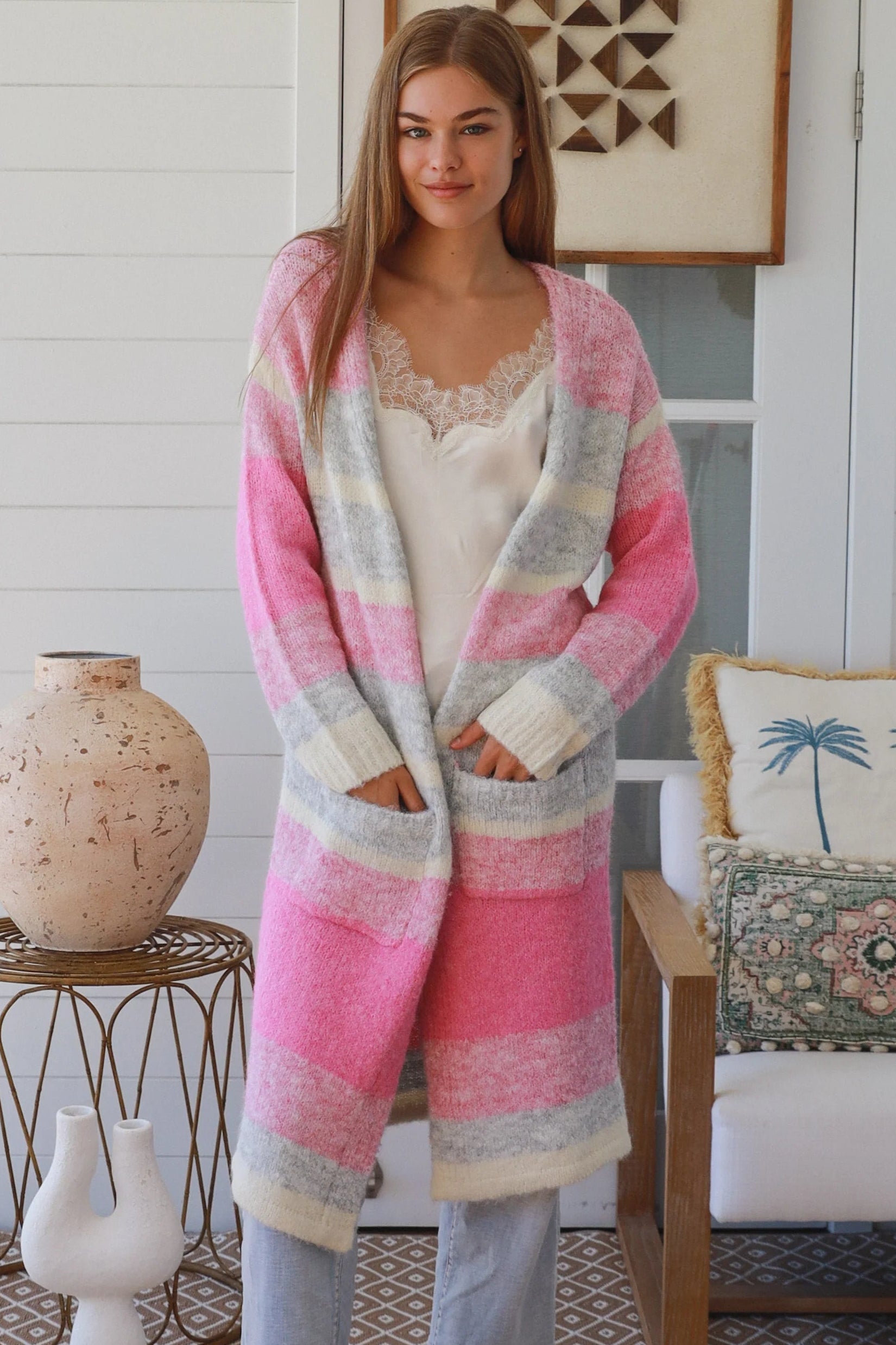 Charlotte the Label longline knit cardigan soft pink grey stripe wool blend warm boho winter layering cardigan Australia