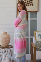 Charlotte the Label longline knit cardigan soft pink grey stripe wool blend warm boho winter layering cardigan Australia