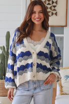 Harper Blue brushed knit cardigan by Charlotte the Label with cobalt stripes and relaxed fit