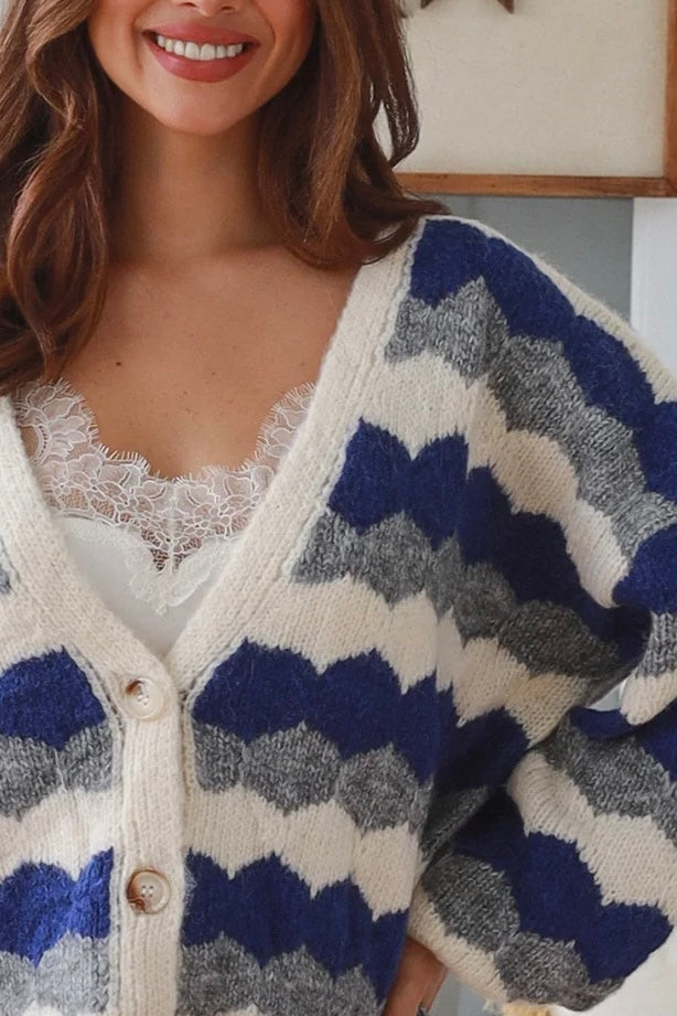 Harper Blue brushed knit cardigan by Charlotte the Label with cobalt stripes and relaxed fit