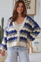 Harper Blue brushed knit cardigan by Charlotte the Label with cobalt stripes and relaxed fit