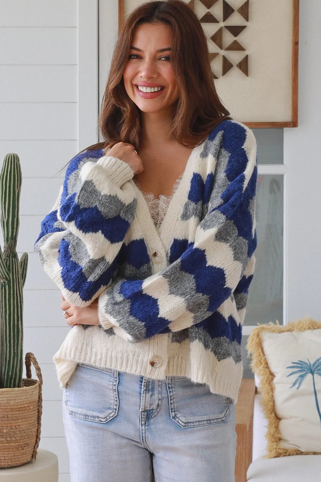 Harper Blue brushed knit cardigan by Charlotte the Label with cobalt stripes and relaxed fit