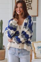 Harper Blue brushed knit cardigan by Charlotte the Label with cobalt stripes and relaxed fit