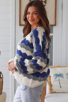 Harper Blue brushed knit cardigan by Charlotte the Label with cobalt stripes and relaxed fit