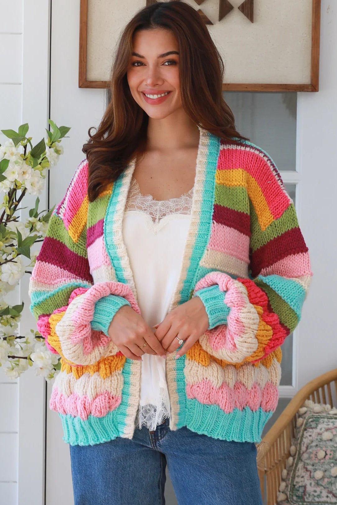 Rainbow stripe chunky knit cardigan in pastel tones relaxed boho winter knit Charlotte the Label