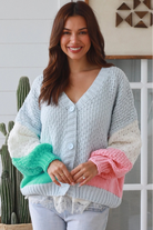 Pastel colour block chunky ribbed knit cardigan in pale blue mint blush and cream women’s boho winter style