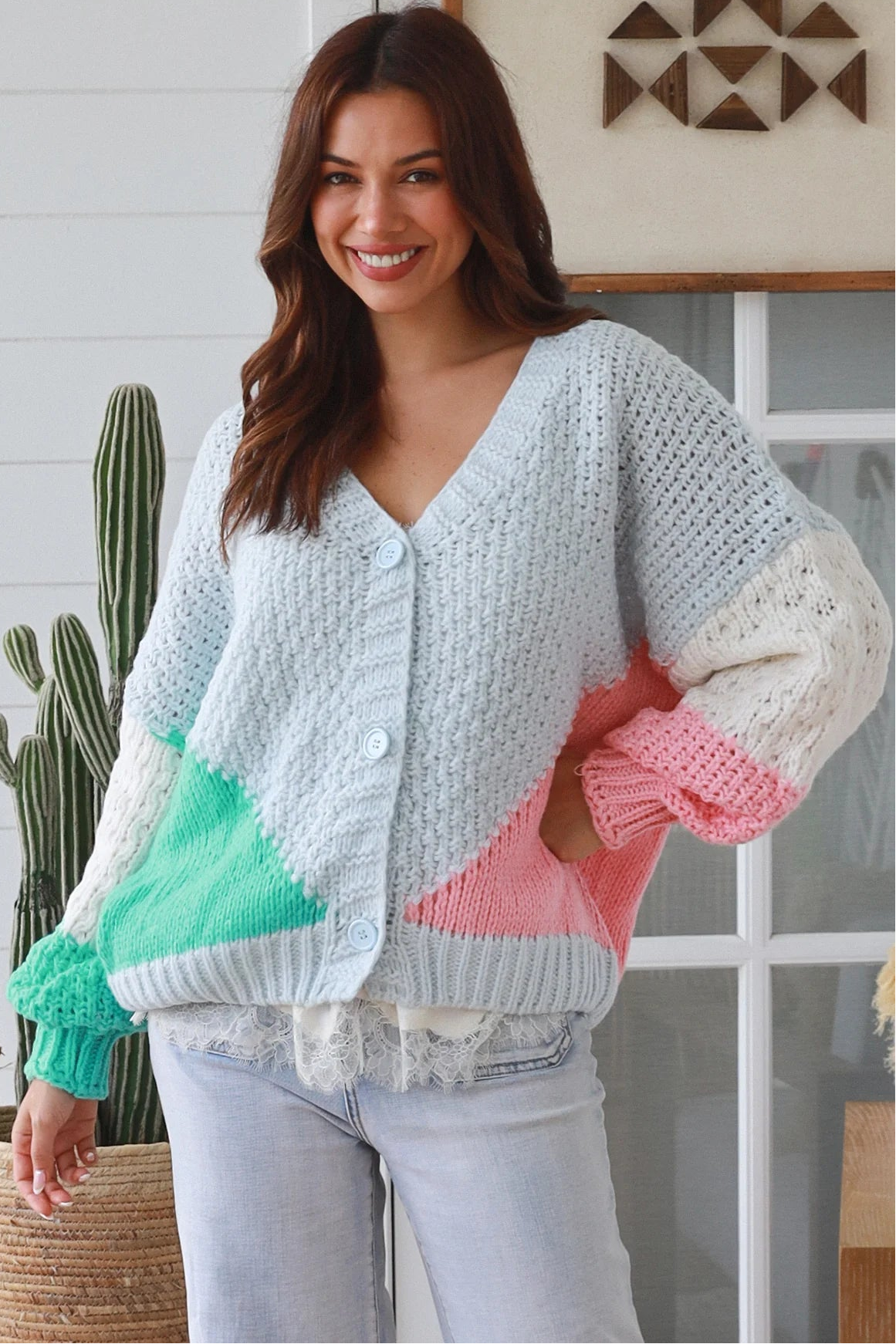 Pastel colour block chunky ribbed knit cardigan in pale blue mint blush and cream women’s boho winter style