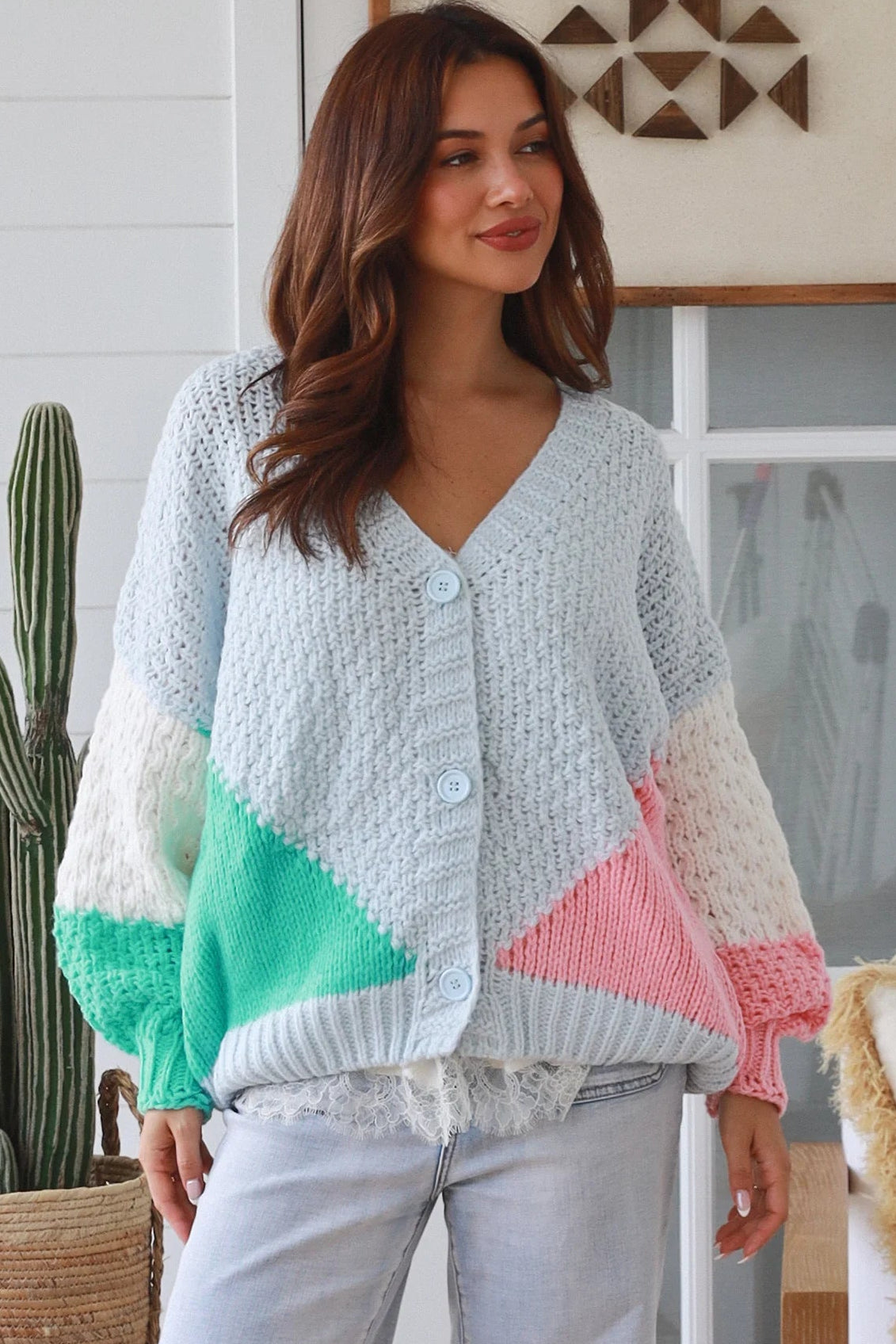 Pastel colour block chunky ribbed knit cardigan in pale blue mint blush and cream women’s boho winter style