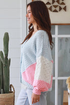 Pastel colour block chunky ribbed knit cardigan in pale blue mint blush and cream women’s boho winter style