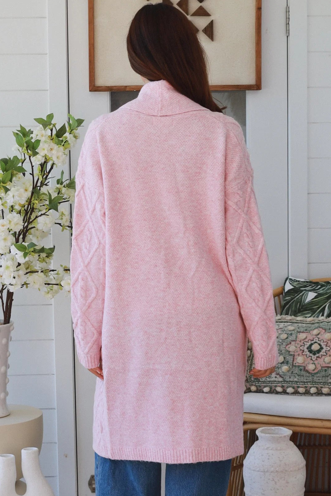 Ella Longline Diamond Knit Cardigan Pink by Charlotte The Label with waterfall front, cable knit detail and pockets
