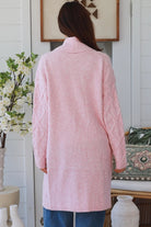 Ella Longline Diamond Knit Cardigan Pink by Charlotte The Label with waterfall front, cable knit detail and pockets