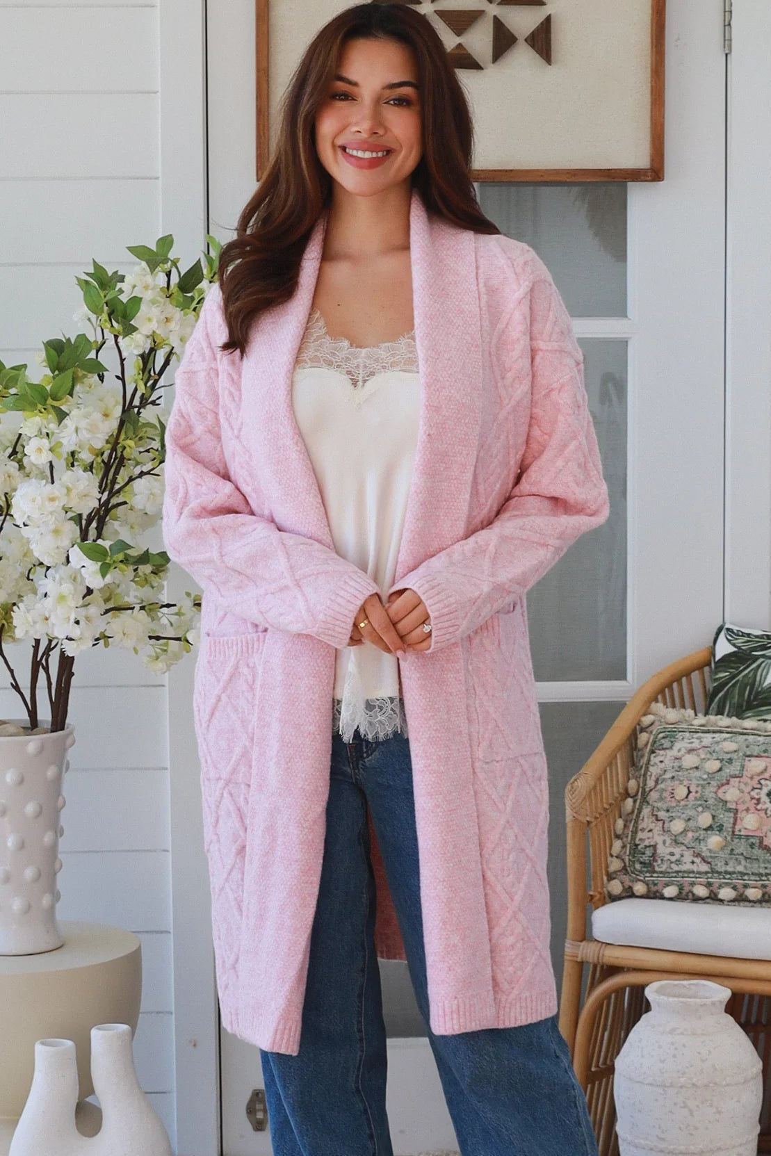 Ella Longline Diamond Knit Cardigan Pink by Charlotte The Label with waterfall front, cable knit detail and pockets