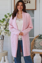 Ella Longline Diamond Knit Cardigan Pink by Charlotte The Label with waterfall front, cable knit detail and pockets