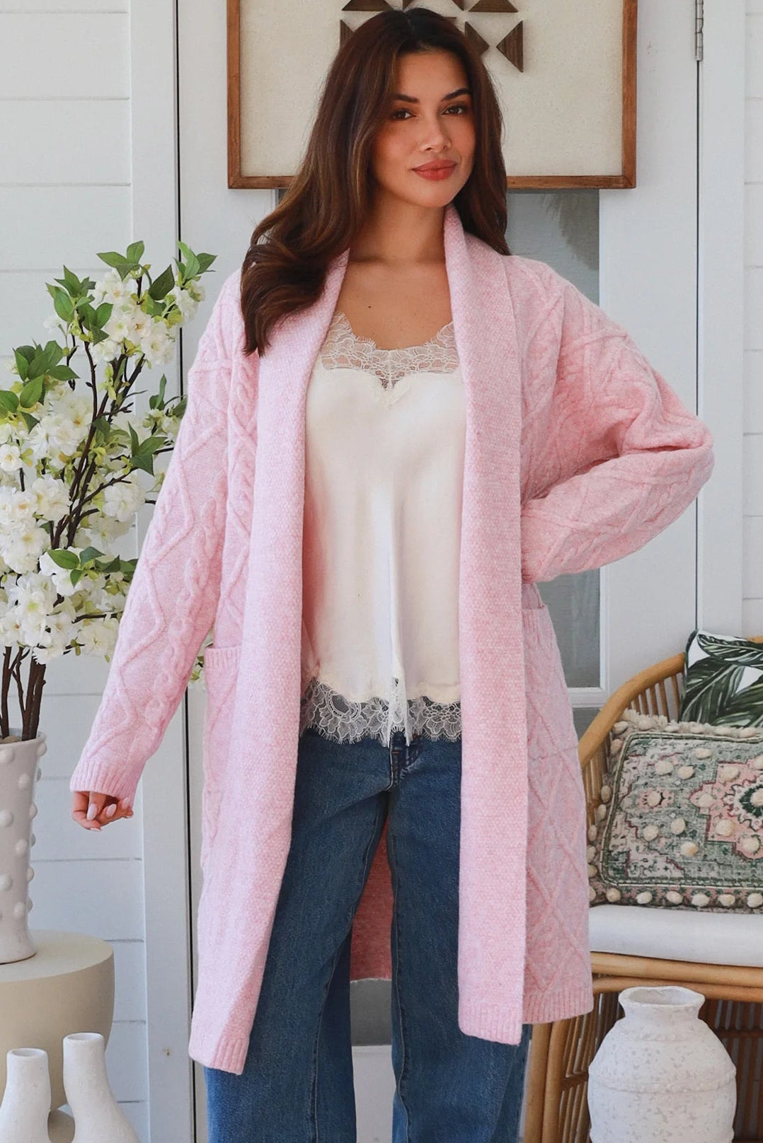 Ella Longline Diamond Knit Cardigan Pink by Charlotte The Label with waterfall front, cable knit detail and pockets