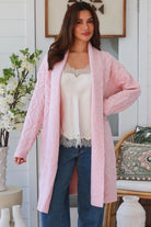 Ella Longline Diamond Knit Cardigan Pink by Charlotte The Label with waterfall front, cable knit detail and pockets