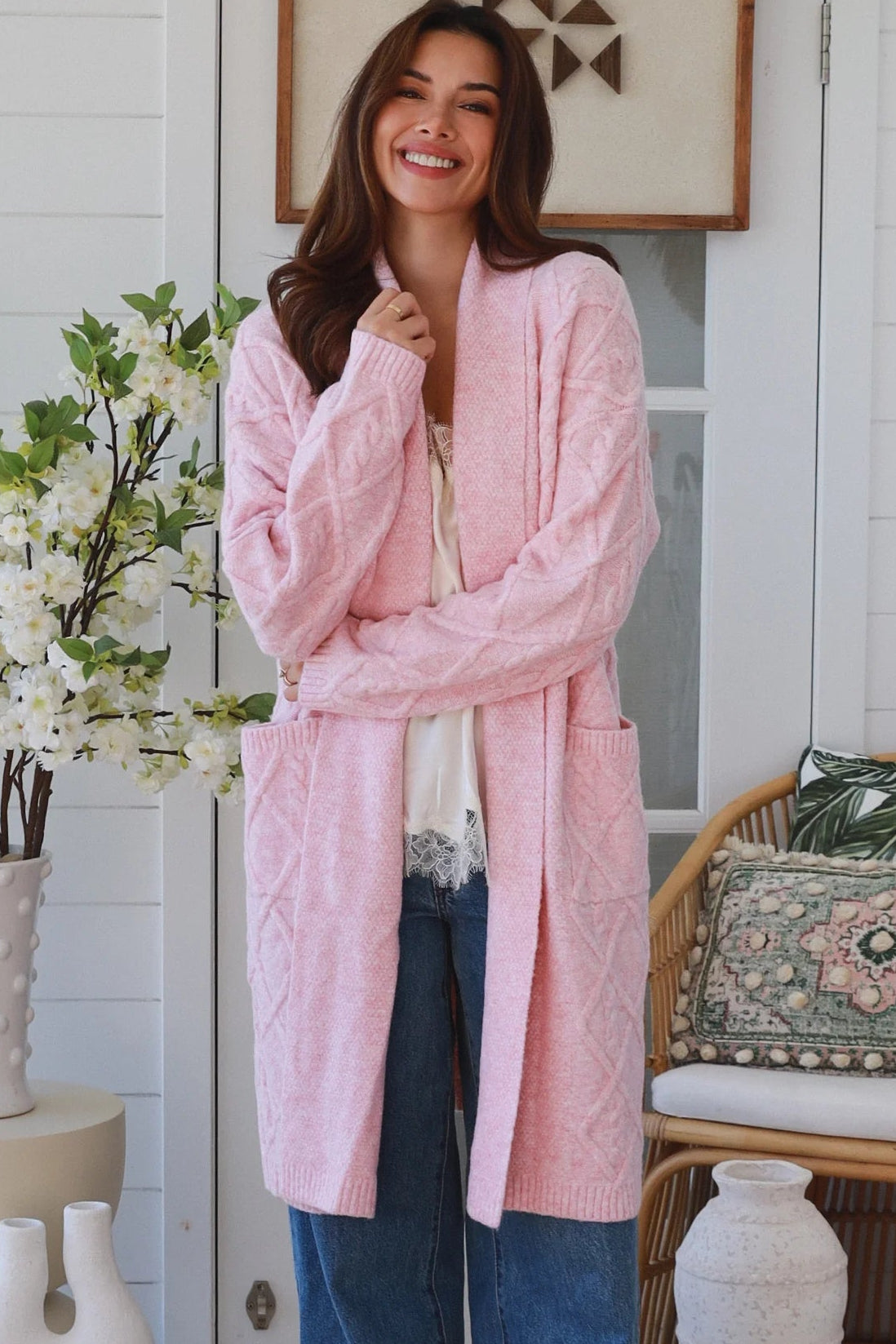 Ella Longline Diamond Knit Cardigan Pink by Charlotte The Label with waterfall front, cable knit detail and pockets