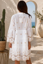 Honeyed Garden white cotton embroidered mini dress with floral cutwork hem and sleeves at Bohemian Love Runway