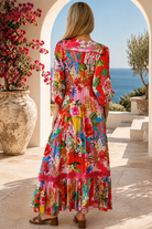 Scarlet floral long sleeve boho maxi dress with V-neck, buttons, elastic waist and lace detail at Bohemian Love Runway