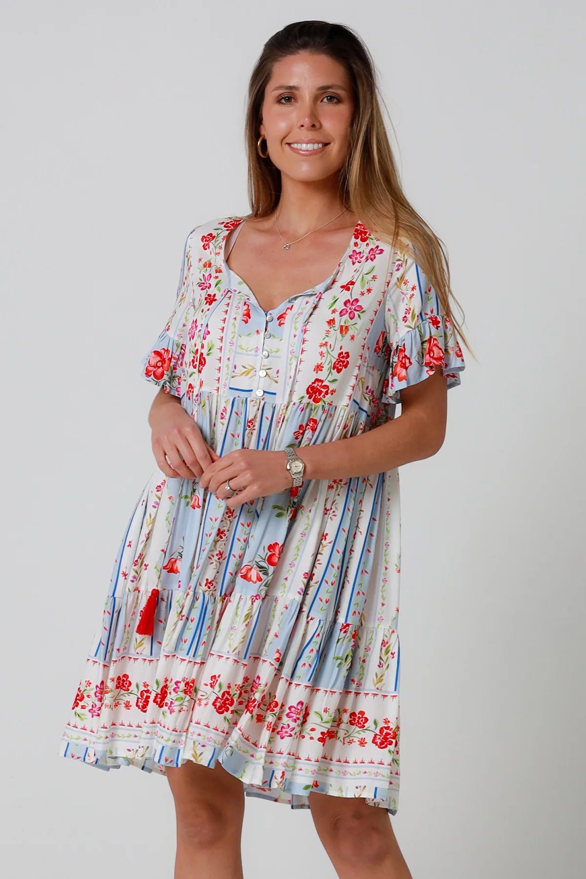 Boho mini dress with tassels v-neckline frill sleeves and border print in florals - Cherry Blossom Mini Dress Australia
