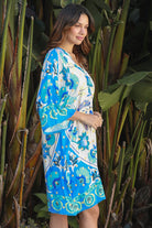 Dreamcatcher Azure Palm rayon mini dress with crochet kimono sleeves and crochet hem