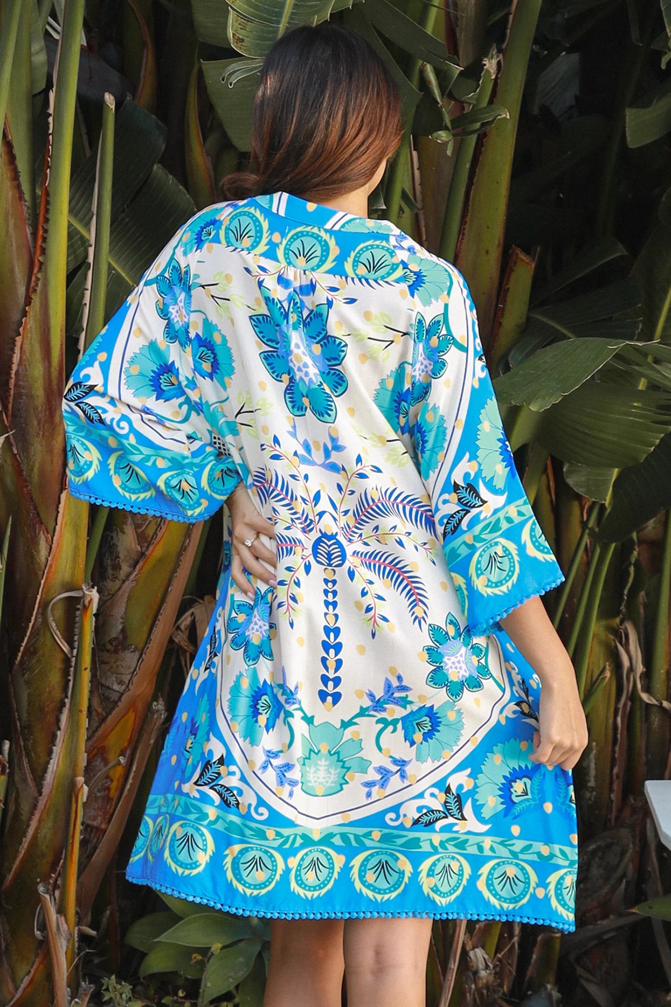 Dreamcatcher Azure Palm rayon mini dress with crochet kimono sleeves and crochet hem