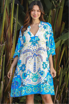 Dreamcatcher Azure Palm rayon mini dress with crochet kimono sleeves and crochet hem