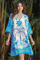 Dreamcatcher Azure Palm rayon mini dress with crochet kimono sleeves and crochet hem