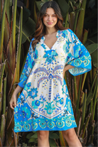 Dreamcatcher Azure Palm rayon mini dress with crochet kimono sleeves and crochet hem