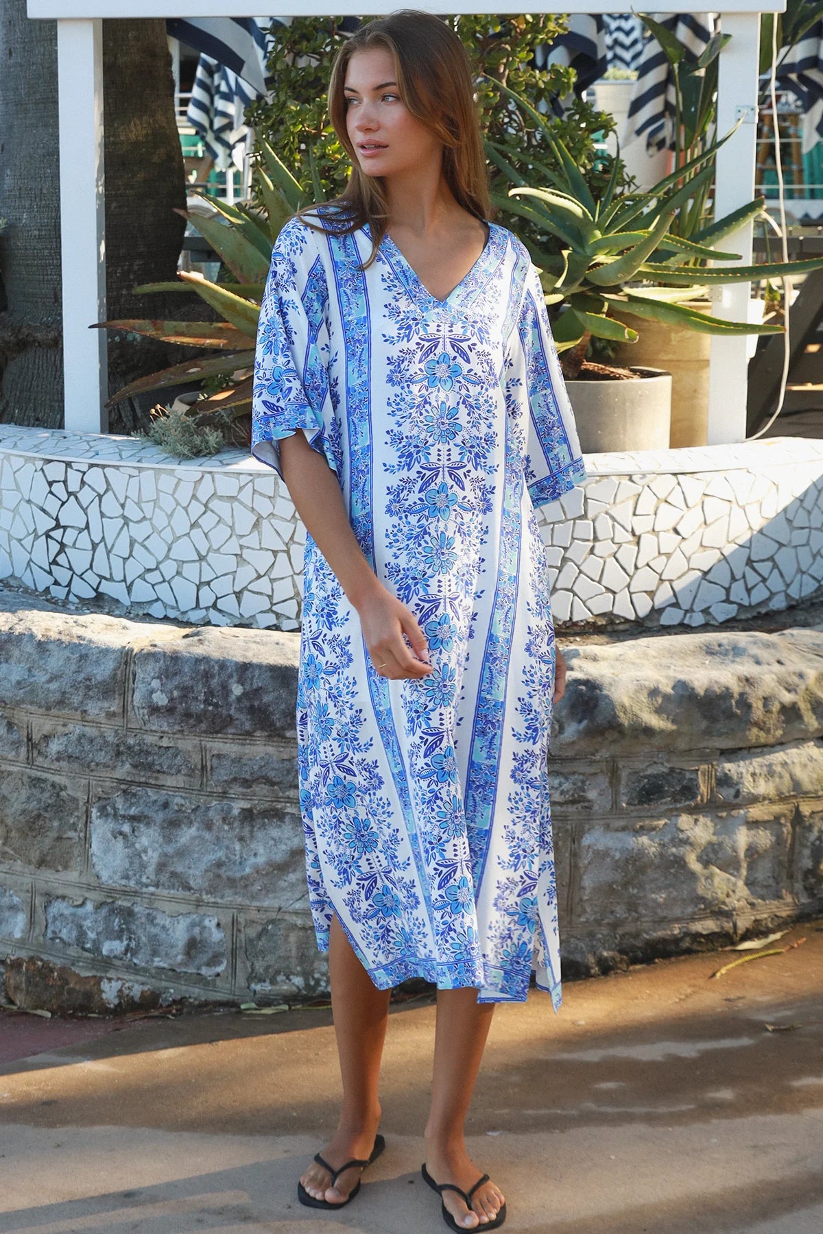 Blue floral boho midi dress in rayon with kimono sleeves V neck and side splits Midi Dresses Australia