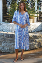 Blue floral boho midi dress in rayon with kimono sleeves V neck and side splits Midi Dresses Australia