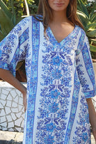 Blue floral boho midi dress in rayon with kimono sleeves V neck and side splits Midi Dresses Australia