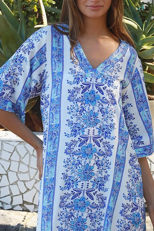 Blue floral boho midi dress in rayon with kimono sleeves V neck and side splits Midi Dresses Australia