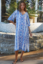 Blue floral boho midi dress in rayon with kimono sleeves V neck and side splits Midi Dresses Australia