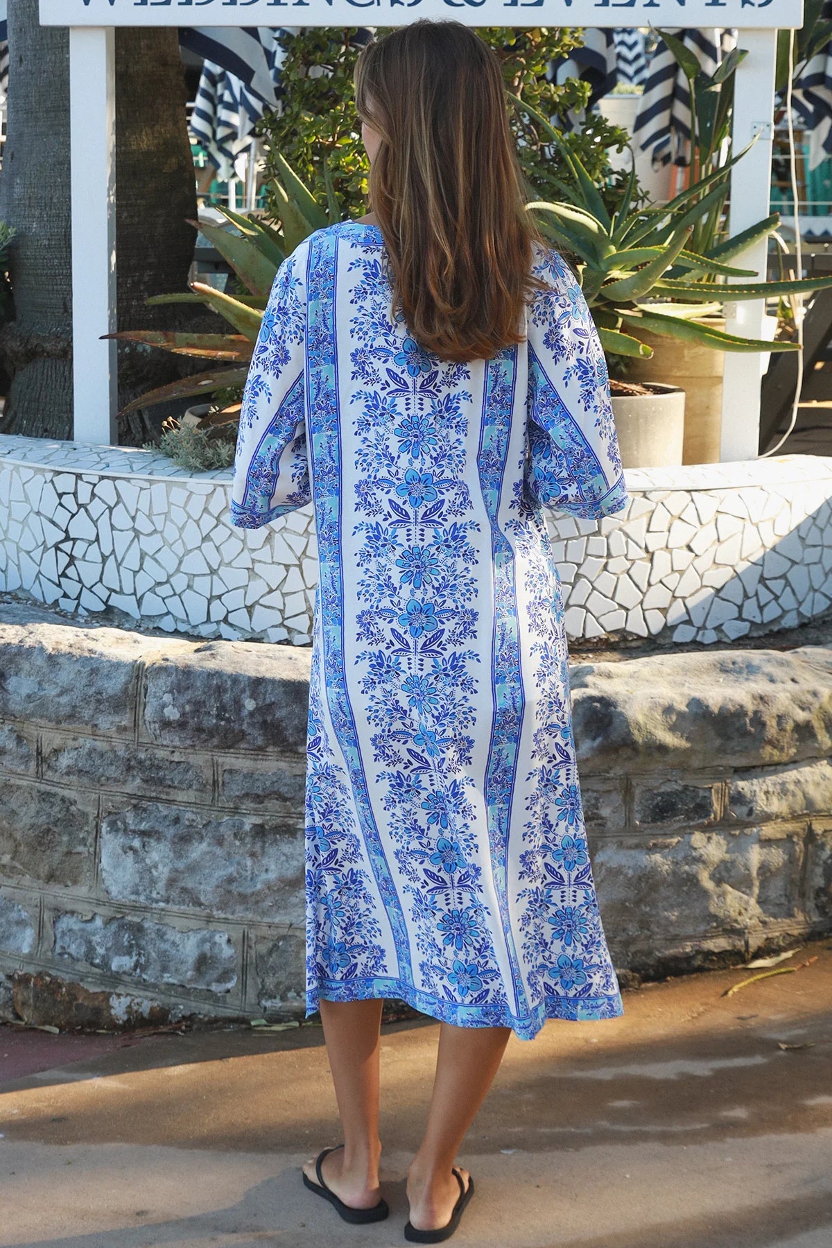 Blue floral boho midi dress in rayon with kimono sleeves V neck and side splits Midi Dresses Australia
