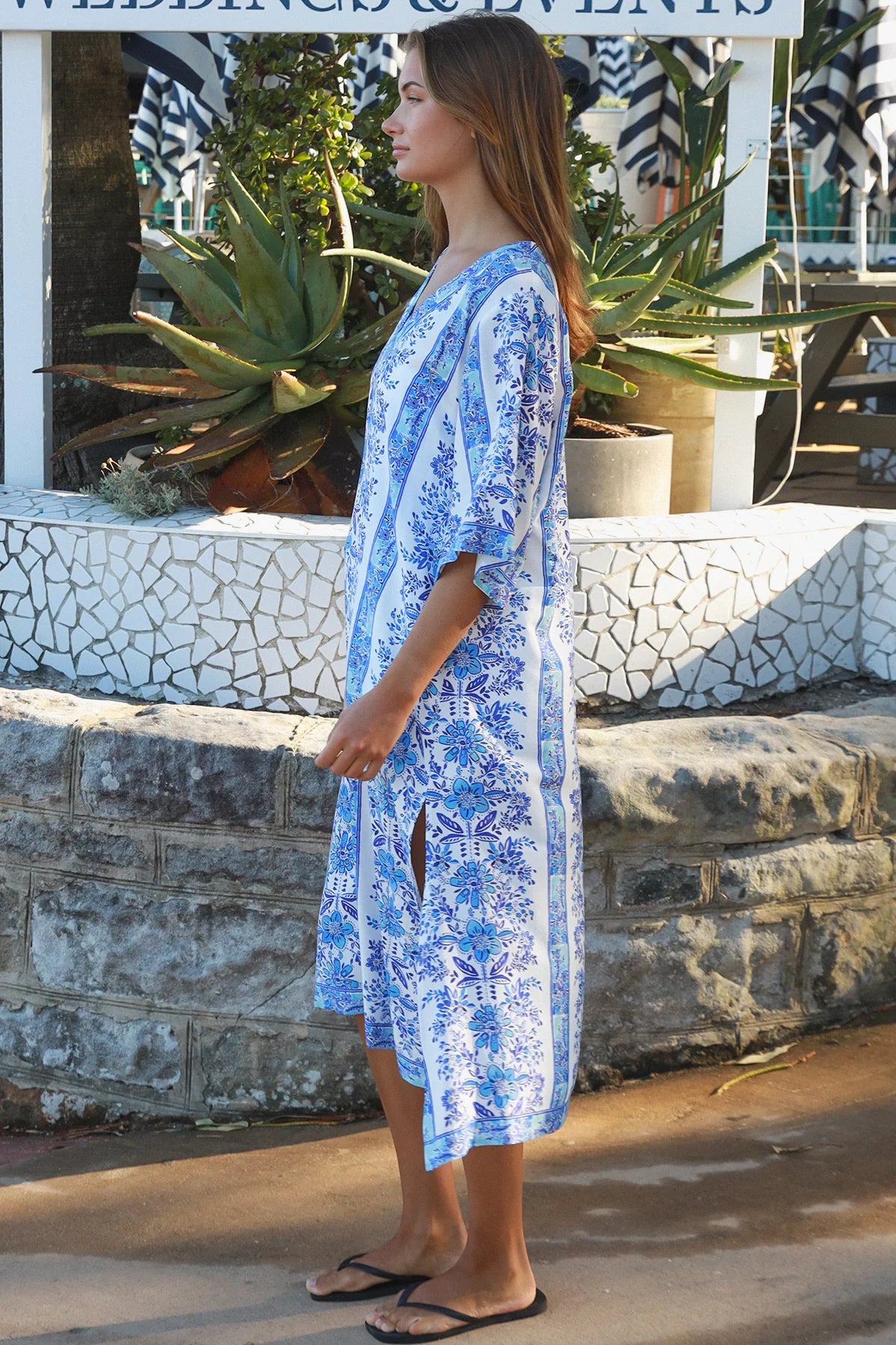 Blue floral boho midi dress in rayon with kimono sleeves V neck and side splits Midi Dresses Australia