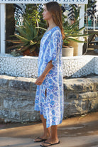 Blue floral boho midi dress in rayon with kimono sleeves V neck and side splits Midi Dresses Australia