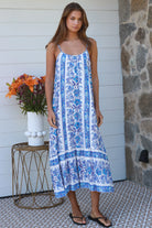 Blue floral round-neck maxi dress in 100% rayon with statement border hem