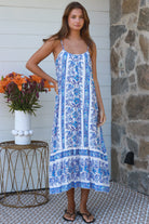 Blue floral round-neck maxi dress in 100% rayon with statement border hem