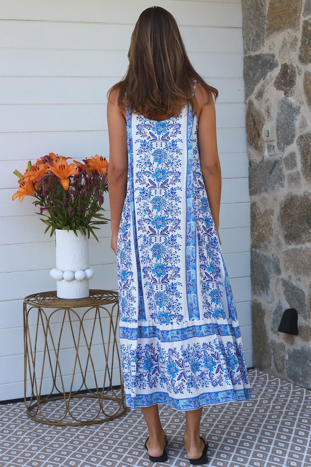 Blue floral round-neck maxi dress in 100% rayon with statement border hem