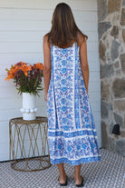 Blue floral round-neck maxi dress in 100% rayon with statement border hem