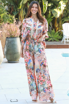 Woman wearing Hanna Pant Rayon with butterfly floral print wide leg silhouette – boho pants Australia
