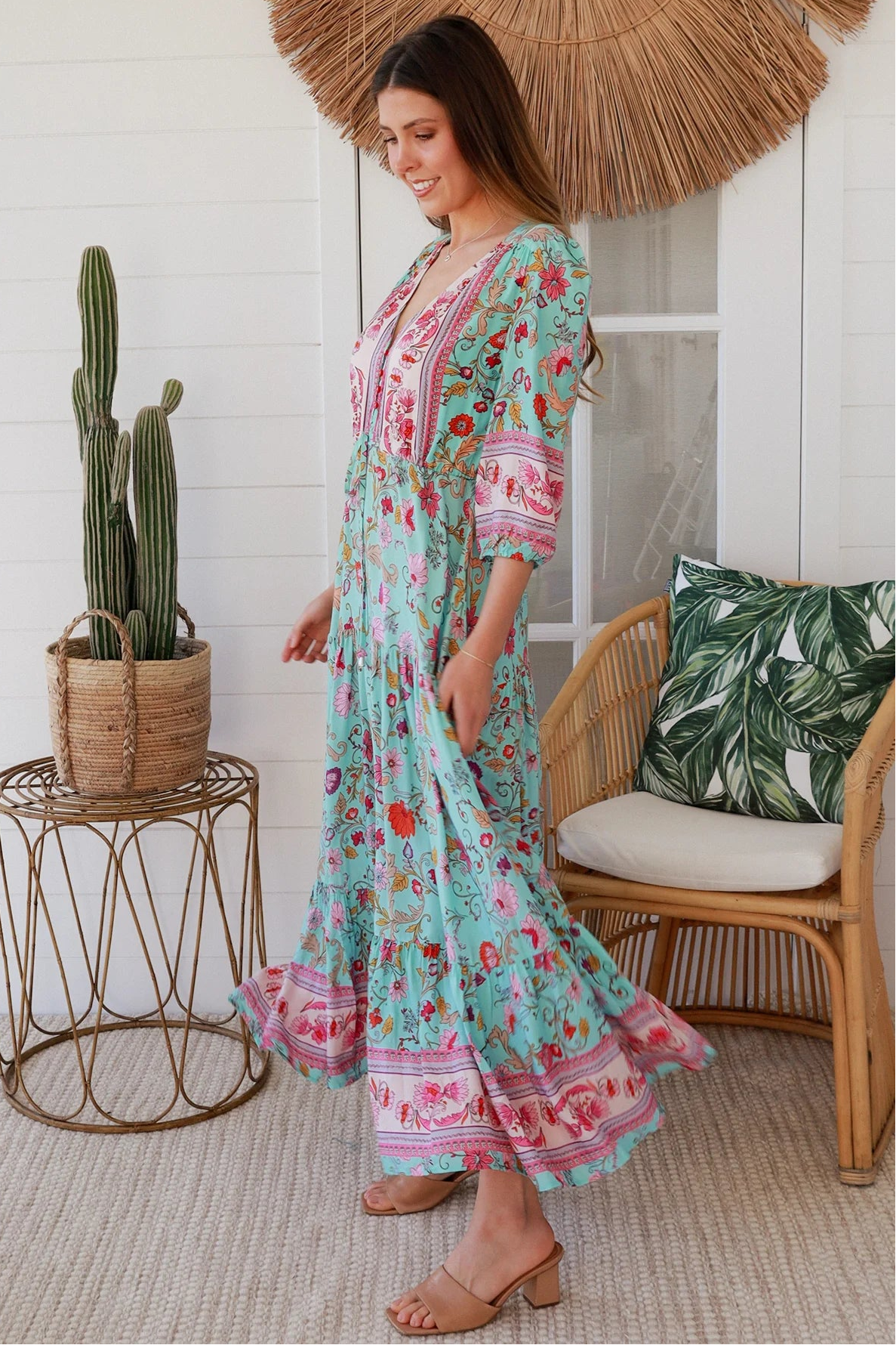 Boho maxi dress in rayon with turquoise floral print, border hem, button-down bodice & drawstring waist - Morning Meadows