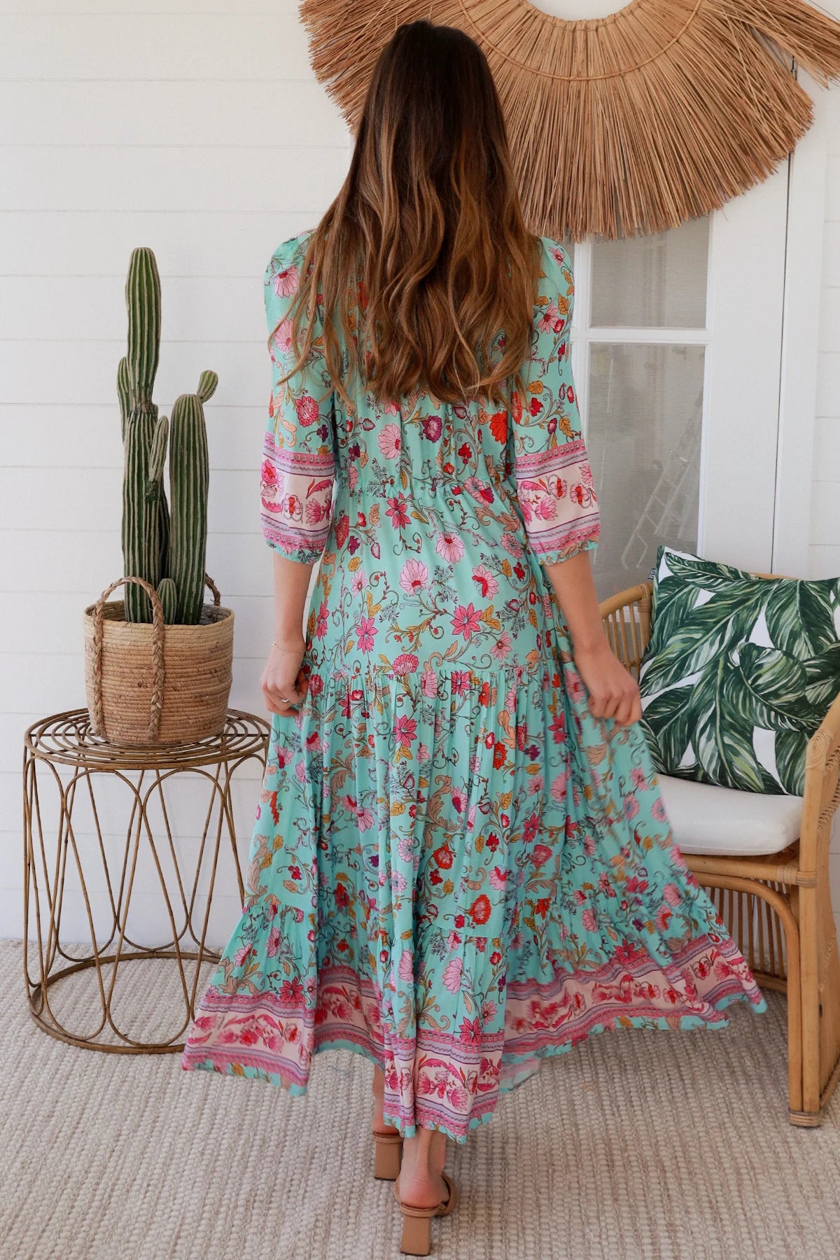 Boho maxi dress in rayon with turquoise floral print, border hem, button-down bodice & drawstring waist - Morning Meadows